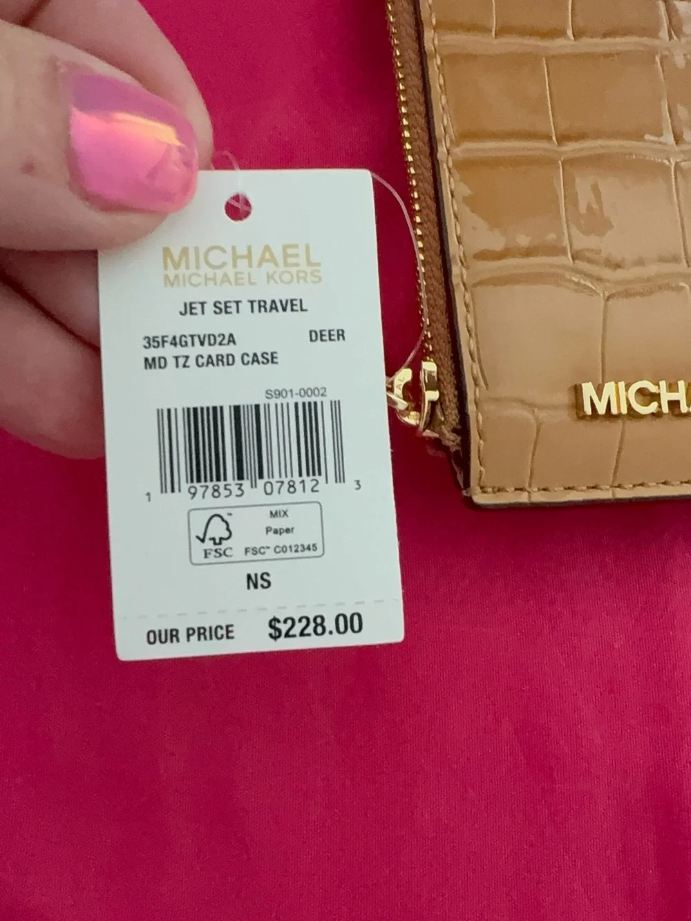 NWT MICHAEL KORS Jet Set Travel Croc Embossed Zip Card Case Wallet Deer Tan NEW